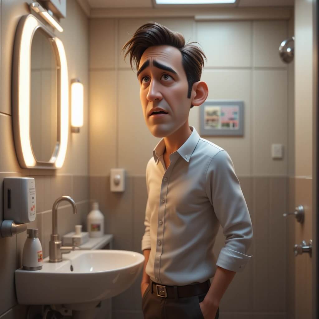 東和サーキット 男性がトイレで考え込んでいる様子